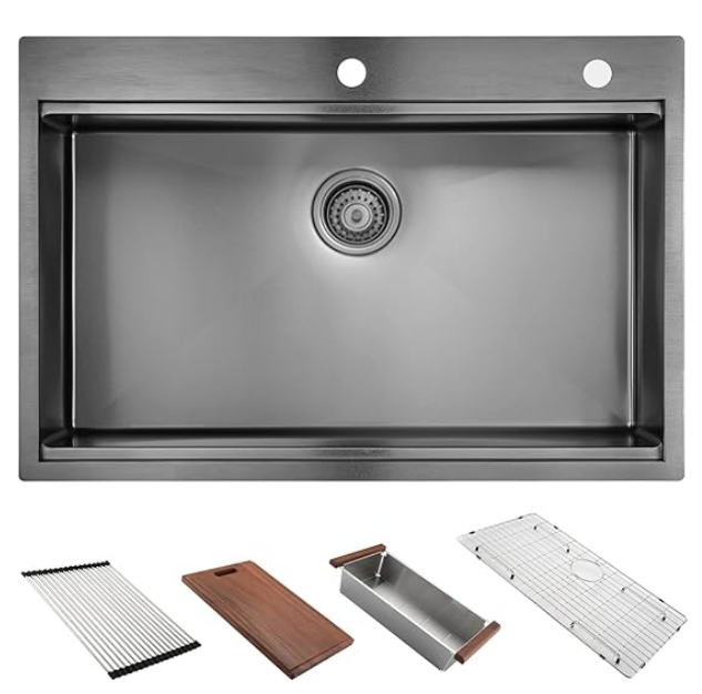 27" x 22" Drop In Kitchen Sink Gunmetal Black,  16 Gauge Stainless Steel Workstation Sink