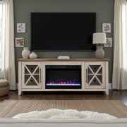 Ithaca 66 inch Fireplace TV Stand, For TVs up to 80 inches, Minimal Assembly Required, Sandstone and Bourbon Finish Glass House Furnishings