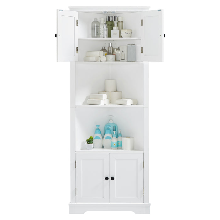 Tall Bathroom Storage Cabinet, Corner Cabinet with Doors and Adjustable Shelf, MDF Board, White