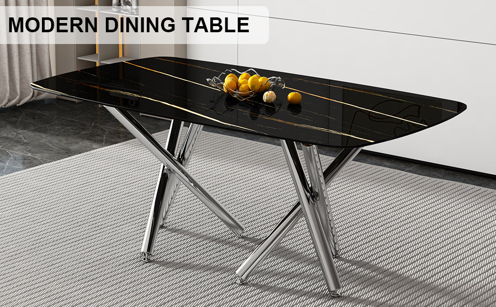 Large Modern Minimalist Rectangular Dining Table with 0.39" Imitation Marble Black Tabletop and Silver Metal Legs - Ideal for Kitchens, Living Rooms, Conference & Banquet Halls