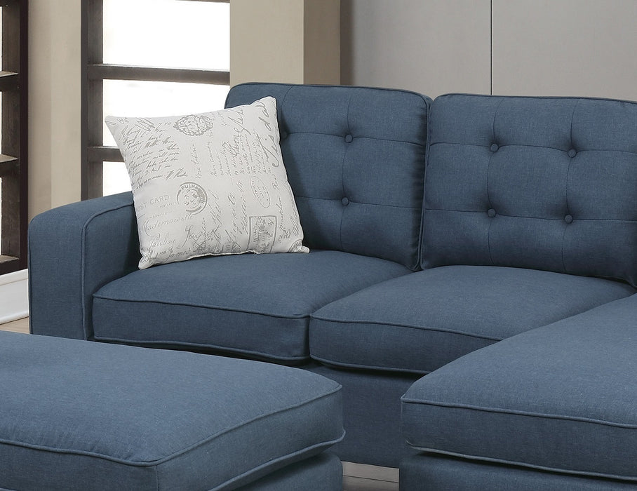 3-Piece Reversible Sectional Sofa Set with Navy Tufted Polyfiber, Wood Legs, Chaise Sofa, Ottoman, Pillows, and Cushion Couch