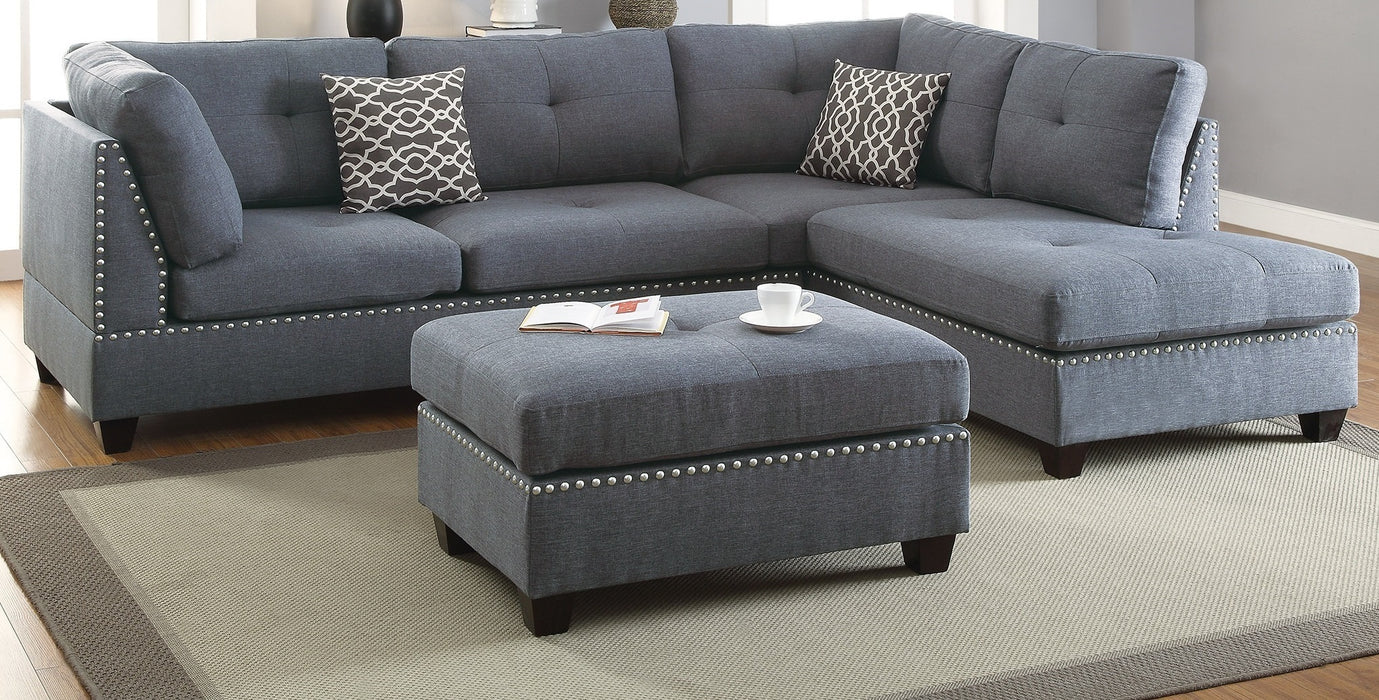 3-Pc Sectional Sofa with Blue Grey Polyfiber Chaise Ottoman & Pillows