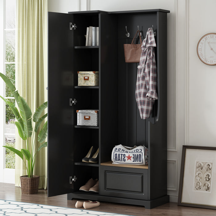 ON-TREND Stylish Design Hall Tree with Flip-Up Bench, Minimalist Hallway Shoe Cabinet with Adjustable Shelves, Multifunctional Furniture with Hanging Hooks for Entryways, Mudroom, Black