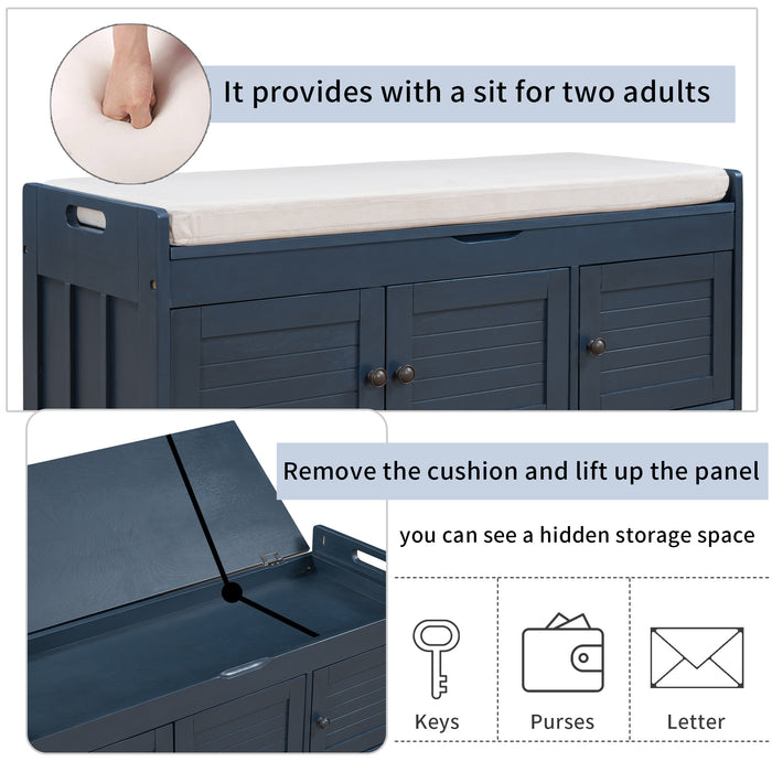 TREXM Storage Bench with 3 Shutter-shaped Doors, Shoe Bench with Removable Cushion and Hidden Storage Space (Antique Navy, OLD SKU: WF284226AAM)