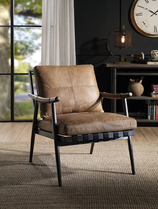 Berham Chestnut and Matt Iron Accent Chair with Metal Leg Glass House Furnishings