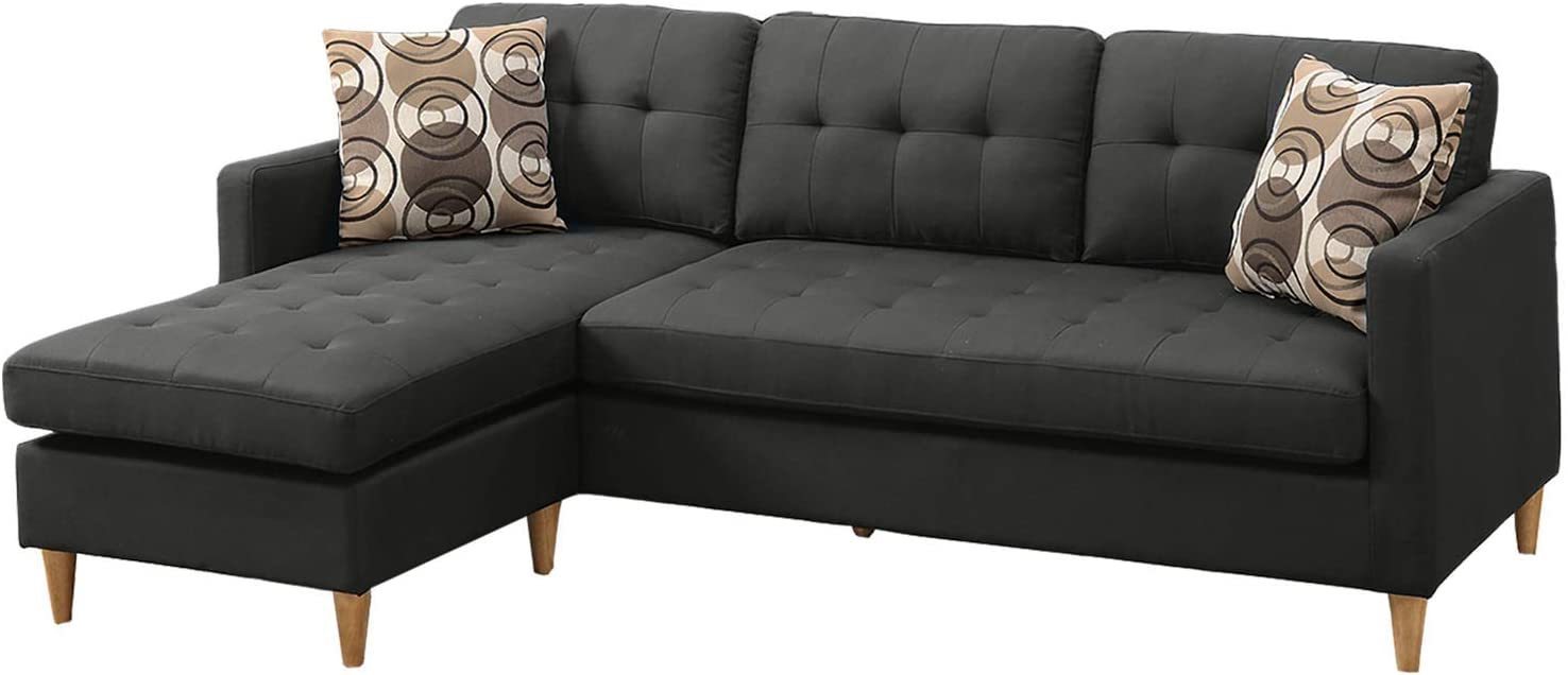 Black Polyfiber Sectional Sofa With Reversible Chaise, Tufted Back, Pillows, Modular Living Room Furniture