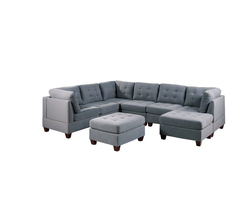 9-Piece Linen-Like Fabric Modular Sectional Living Room Furniture Set, Corner Sectional with Tufted Nail Heads, 3x Corner Wedge, 4x Armless Chairs, and 2x Ottomans, Gray