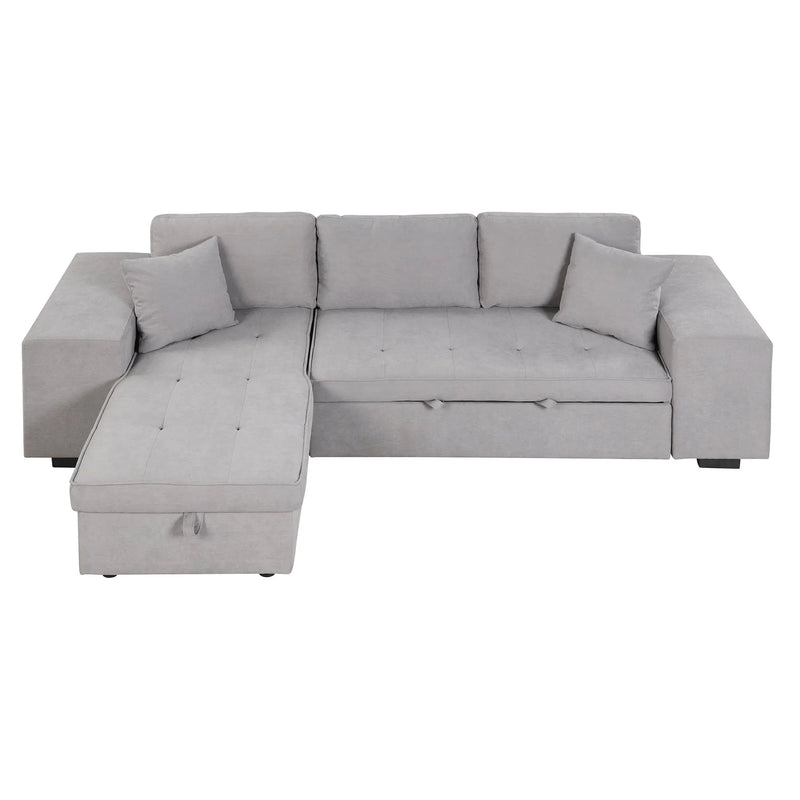Modern Reversible L-Shape Pull Out Sleeper Sofa with Storage Chaise and Stools, Gray Linen, 104.5' Glass House Furnishings