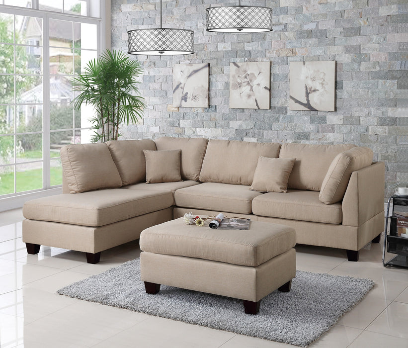 3-Piece Sectional Living Room Furniture Set with Reversible Chaise Sofa, Ottoman, and Polyfiber Linen-Like Fabric Cushion Couch, Sand Color