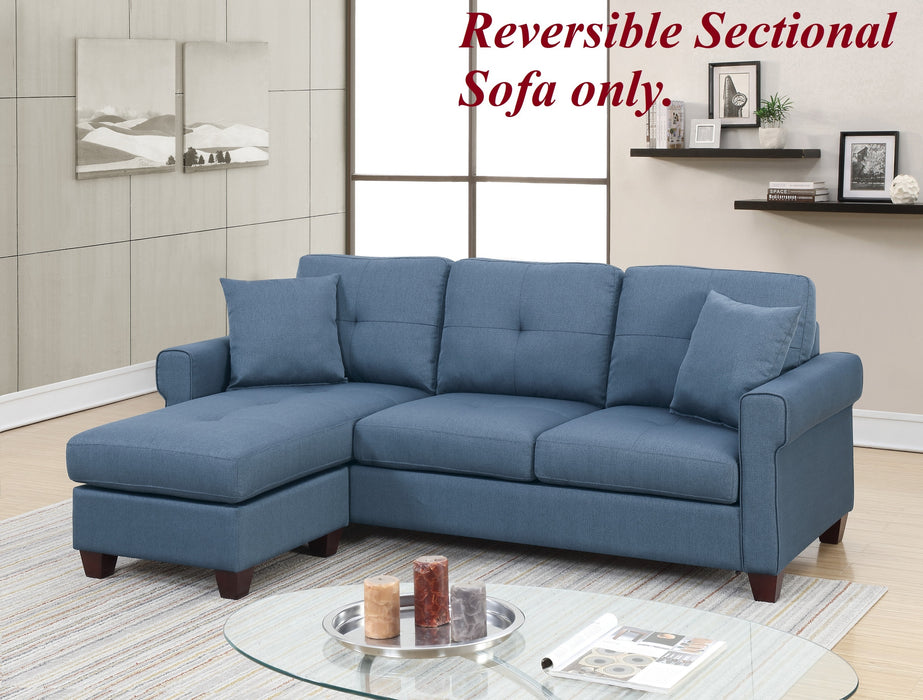 Blue Glossy Polyfiber Tufted Cushion Sectional Sofa With Reversible Chaise, Living Room Furniture