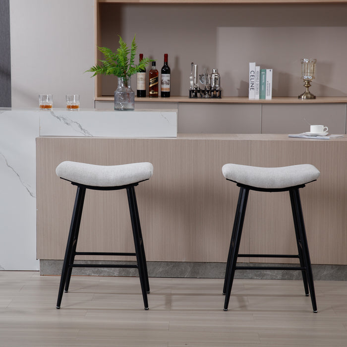 Armless Counter Low Bar Stools, Modern Linen Fabric With Metal Leg & Footrest, Set of 2, Beige Gray + Pale Blue