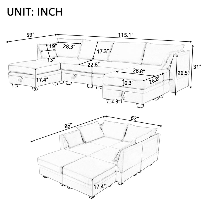 U-Style Modern Large U-Shape Modular Sectional Sofa, Convertible Sofa Bed with Reversible Chaise for Living Room, Storage Seat, Beige