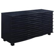 Monette Black 3-Drawer Server: Contemporary Sideboard with Textured Wave Front, Solid Wood Construction, Deep Black Finish, 59-Inch Width Glass House Furnishings