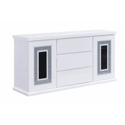 ARIYA Contemporary White Buffet with High Gloss Finish and Clear Glass Inlay Glass House Furnishings