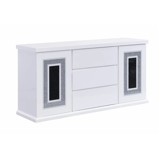 ARIYA Contemporary White Buffet with High Gloss Finish and Clear Glass Inlay Glass House Furnishings