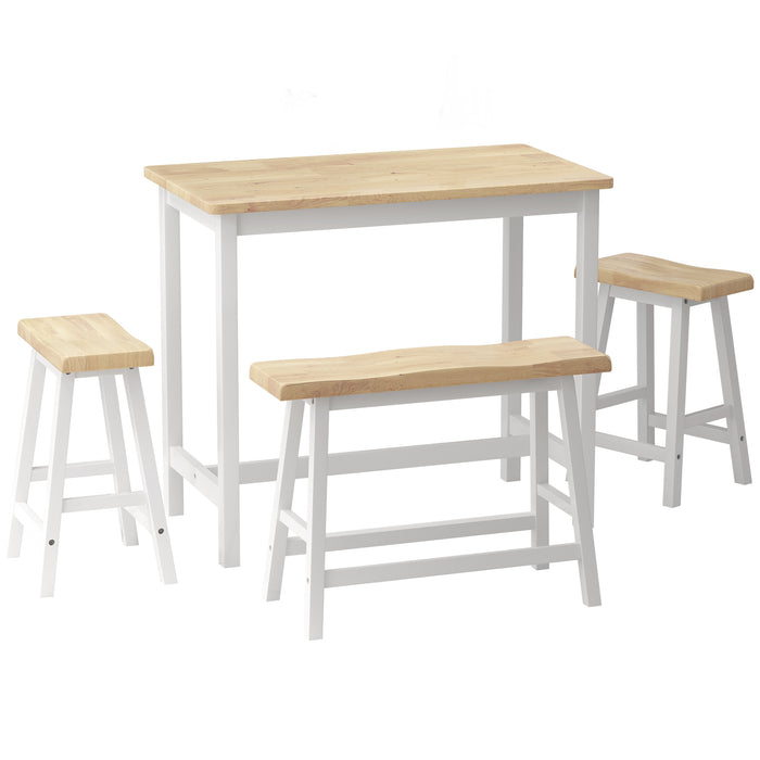 Modern 4-Piece Rubber Wood Bar Dining Table Set, Kitchen Bistro Counter Height Table with Bench, Stool - Natural & White