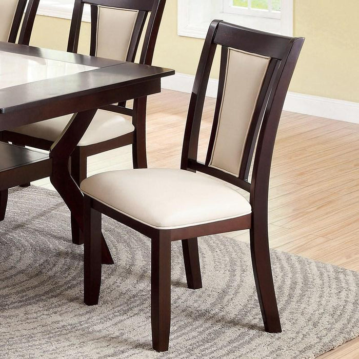 Set of 2 Solid Wood Side Chairs With Padded Leatherette Upholstered Seats - Contemporary Kitchen Dining Room Furniture, Dark Cherry & Ivory