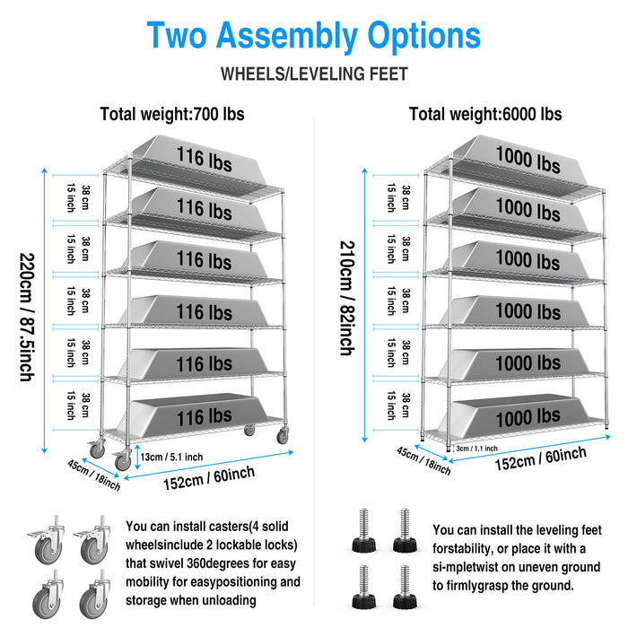 6 Tier Wire Shelving Unit, 6000 LBS NSF Height Adjustable Metal Garage Storage Shelves with Wheels, Heavy Duty Storage Wire Rack Metal Shelves - Chrome - 186082