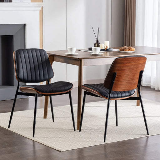 A&A Furniture, Dining Chairs Set of 2 Mid Century Modern Retro Faux Leather Chair with Walnut Bentwood Back Upholstered Seat Metal Legs Adjustable Foot for Kitchen Dining Room Chairs(Black PU) Glass House Furnishings
