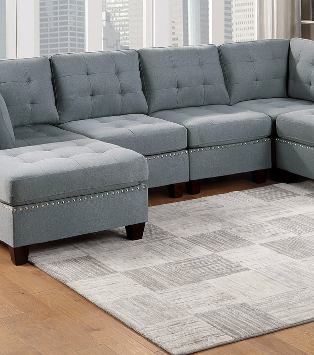 6-Piece Linen-Like Fabric Modular Sectional Living Room Furniture Set, U-Sectional with Tufted Nailheads, Includes 2 Corner Wedges, 2 Armless Chairs, and 2 Ottomans, Gray