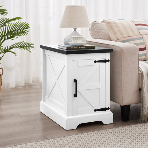 Farmhouse end table Nightstand Rectangular Farmhouse End Table with Barn Door and Adjustable Storage Shelf, Rustic Sofa Side Table for Living Room, Bedroom, White Glass House Furnishings