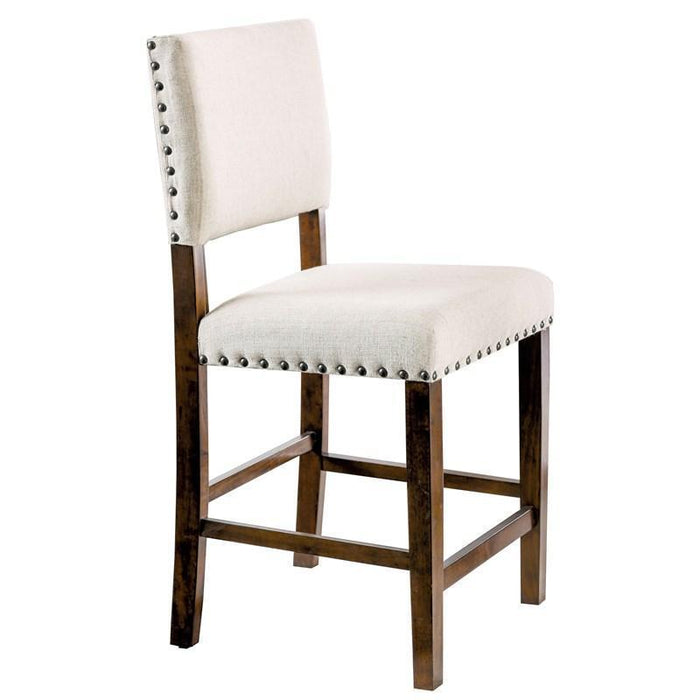 2-Piece Classic Counter Height Dining Chairs Set With Ivory Fabric Padded Linen, Upholstered Cushion, Nailhead Trim, Solid Wood Brown Cherry For Kitchen & Dining Room