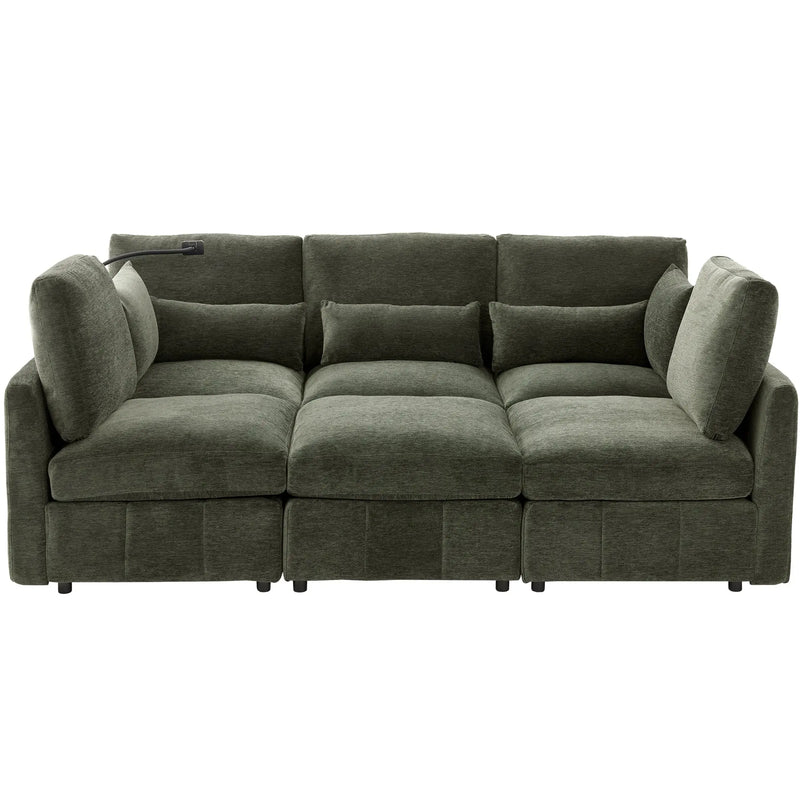 Modern Sectional Sofa Modular Sofa 85.4' U-shaped Sofa Couch Sofa Bed with Movable Ottoman, USB Ports, Phone Holder, Green Chenille Glass House Furnishings