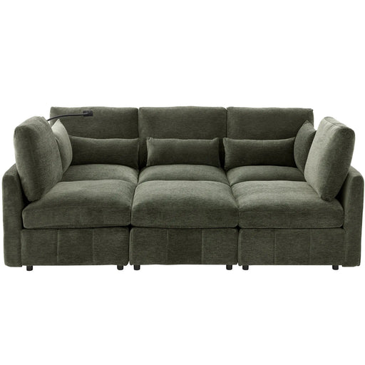 Modern Sectional Sofa Modular Sofa 85.4' U-shaped Sofa Couch Sofa Bed with Movable Ottoman, USB Ports, Phone Holder, Green Chenille Glass House Furnishings