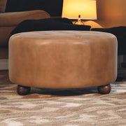 Parker Round Tan Buffalo Leather Ottoman Glass House Furnishings