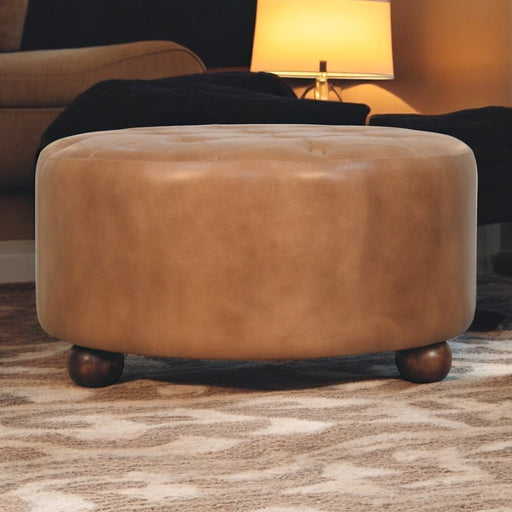 Parker Round Tan Buffalo Leather Ottoman Glass House Furnishings