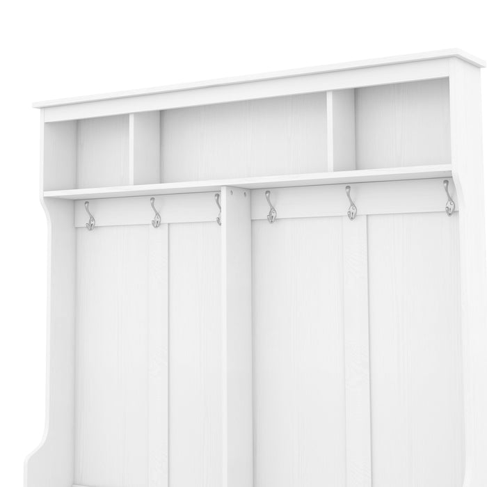 Modern Hallway Hall Tree with Metal Hooks and Storage Space, Multi-Functional Entryway Coat Rack with Shoe Cubbies, White (Pre-sale date: December 18th)