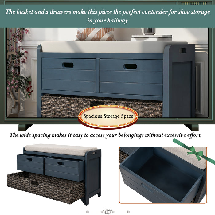 TREXM  Storage Bench with Removable Basket and 2 Drawers, Fully Assembled Shoe Bench with Removable Cushion (Navy)