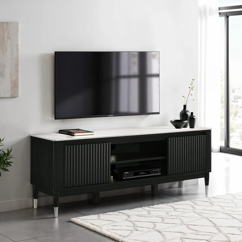 Contemporary Style TV Console Sintered Stone Top Silver Capped Arrow Legs Open Shelves Black And White Finish Primary Living Room Glass House Furnishings