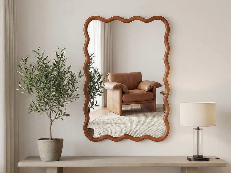 Monroe Yellow-Brown Wavy Rectangle Solid Wood Wall Mirror Glass House Furnishings