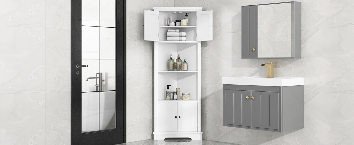 Tall Bathroom Storage Cabinet, Corner Cabinet with Doors and Adjustable Shelf, MDF Board, White