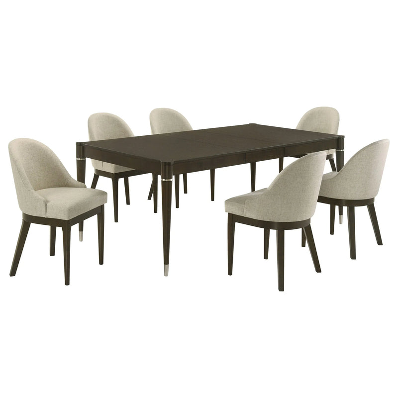 Blakely Ash Brown 7-Piece Rectangular Dining Set with Extendable Table, Beige Upholstered Chairs, Wood and Chrome Finish Glass House Furnishings