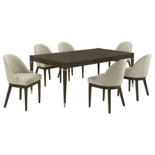 Blakely Ash Brown 7-Piece Rectangular Dining Set with Extendable Table, Beige Upholstered Chairs, Wood and Chrome Finish Glass House Furnishings