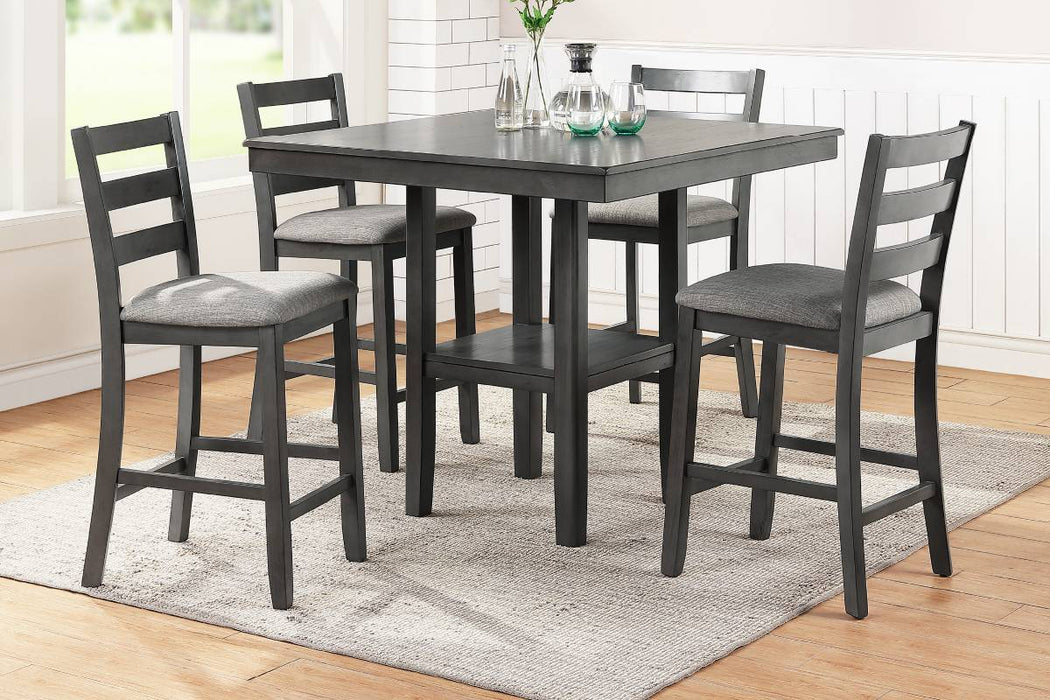 Counter Height 5-Piece Set Classic Dining Room Furniture, Gray Finish Square Dining Table With Shelves, Cushion Seat Ladder Back High Chairs - Solid Wood