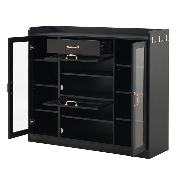 ON-TREND Modernist Side Cabinet with 4 Glass Doors & 3 Hooks, Freestanding Shoe Rack with Multiple Adjustable Shelves, Versatile Display Cabinet with Gold Handles for Hallway, Living Room, Black