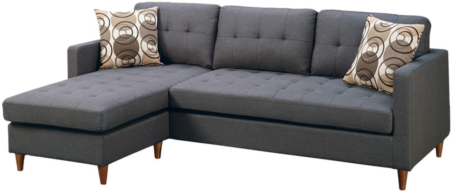 Polyfiber Reversible Sectional Sofa With Tufted Back, Modular Design & Pillows - Living Room Furniture, Blue Grey