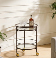 Modern Coffee Brown Round Bar Cart with Tempered Glass Shelves and Gold Locking Casters Glass House Furnishings