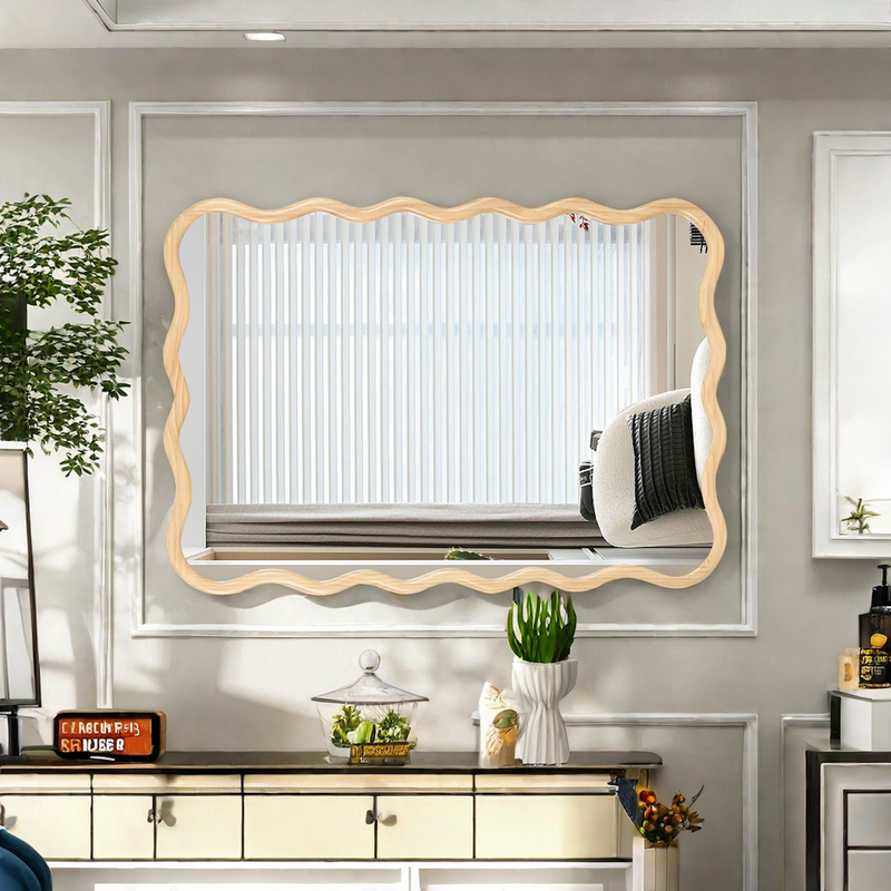 Monroe Natural Wood Wavy Rectangle Wall Mirror Glass House Furnishings