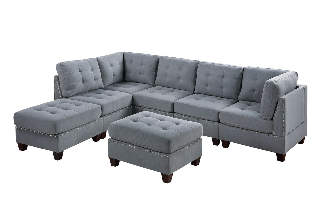 Contemporary Modular Sectional 7pc Set Living Room Furniture Corner L-Sectional Gray Linen Like Fabric Tufted Nail heads 2x Corner Wedge 3x Armless Chair and 2x Ottoman