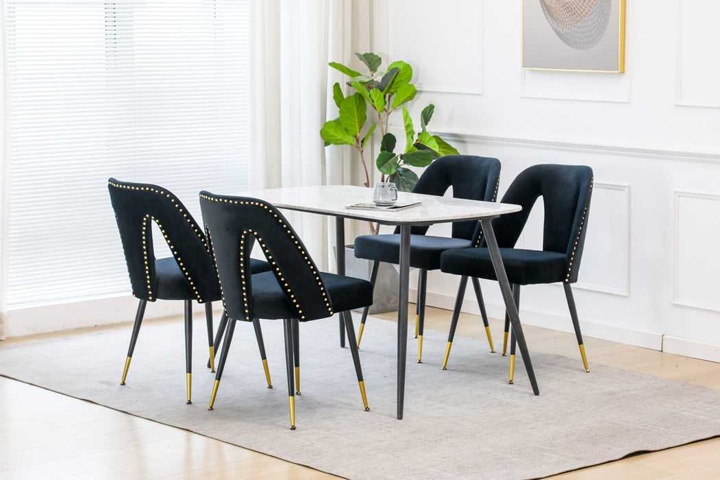 Set of 2 Modern Velvet Upholstered Dining Chairs With Nailheads & Gold Tipped Black Metal Legs, Black