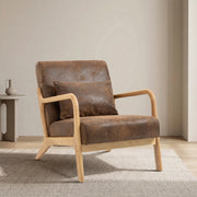 Mid Century Modern Accent Chair with Wood Frame, Upholstered Living Room Chairs with Waist Cushion, Reading Armchair for Bedroom Sunroom Glass House Furnishings