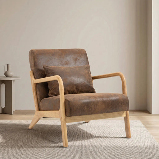 Mid Century Modern Accent Chair with Wood Frame, Upholstered Living Room Chairs with Waist Cushion, Reading Armchair for Bedroom Sunroom Glass House Furnishings