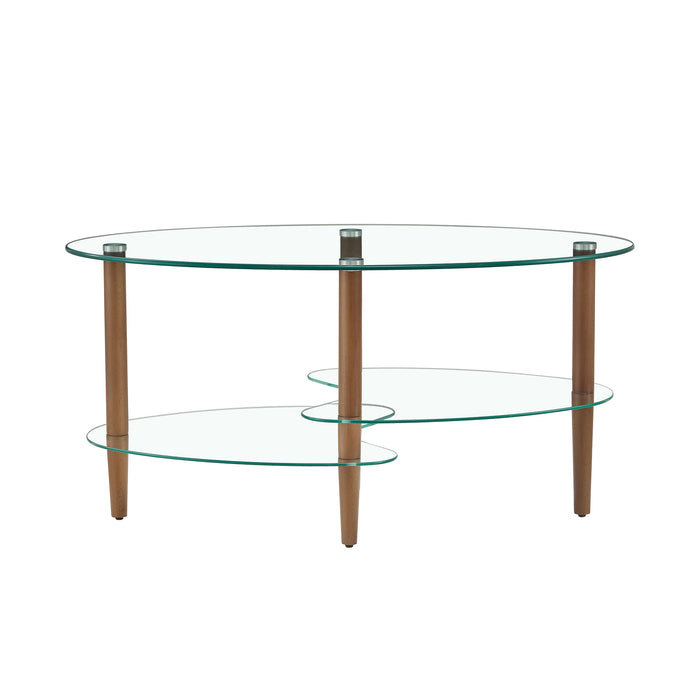 Transparent Oval glass coffee table, modern table in living room Oak wood leg tea table 3-layer  glass table