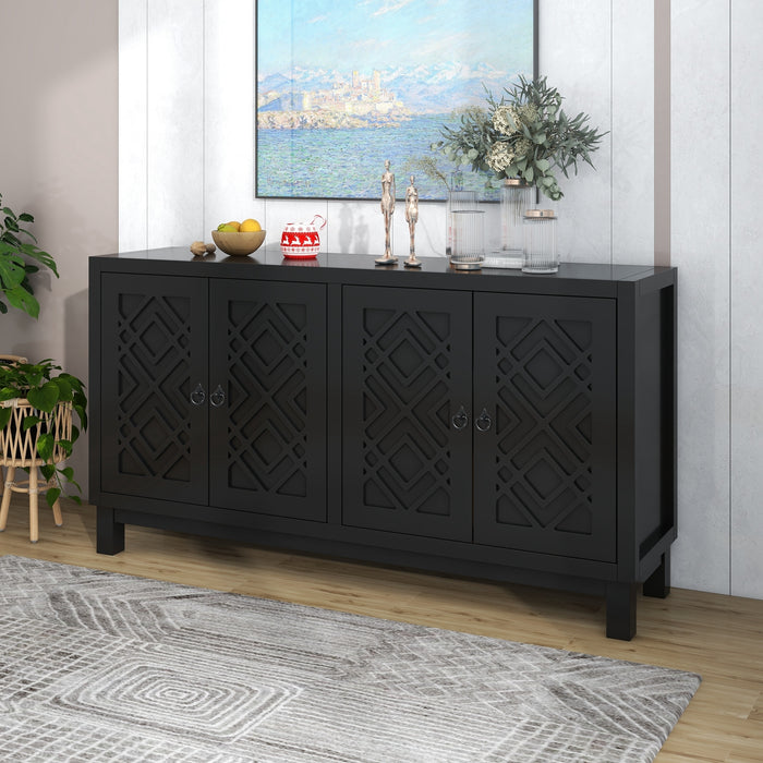 TREXM Large Storage Space Sideboard, 4 Door Buffet Cabinet with Pull Ring Handles for Living Room, Dining Room (Black)