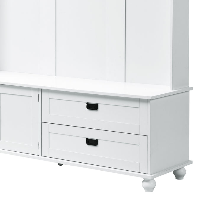 [VIDEO provided] ON-TREND Modern Style Hall Tree with Storage Cabinet and 2 Large Drawers, Widen Mudroom Bench with 5 Coat Hooks, White