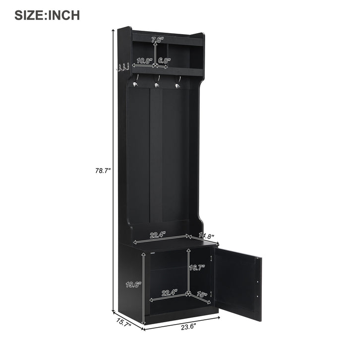 ON-TREND Minimalist Slim Hall Tree with Cabinet & 6 Hanging Hooks, Multi-functional Storage Bench with Coat Rack, Elegant Foyer Cabinet for Hallway, Living room, Black